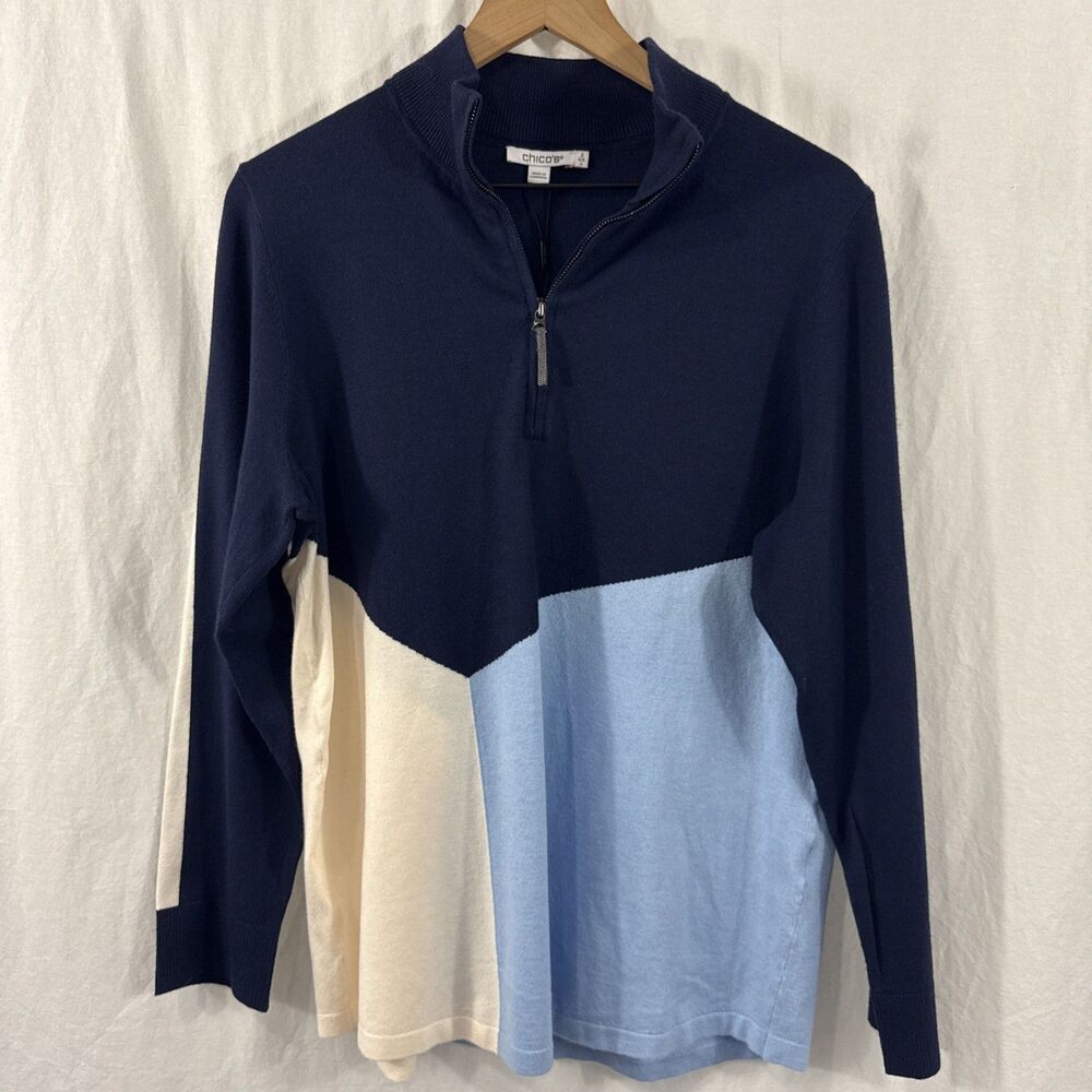 Chicos Zenergy Luxe Blue Colorblock Mock Neck 1/4 Zip Sweater Womens Sz L - Picture 6 of 11
